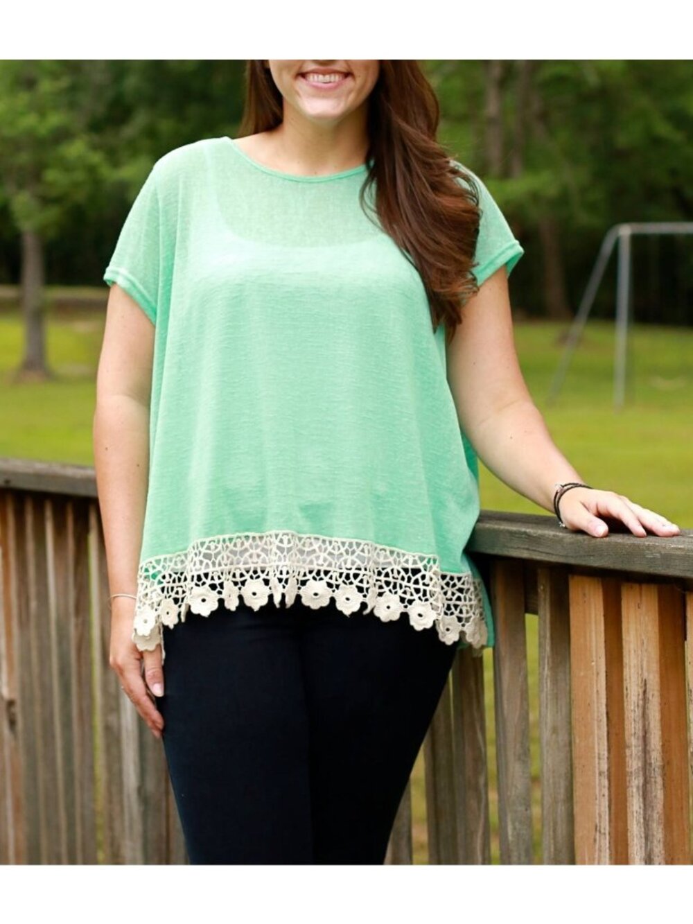 Umgee Semi Sheer Floral Crochet Short Sleeve Top